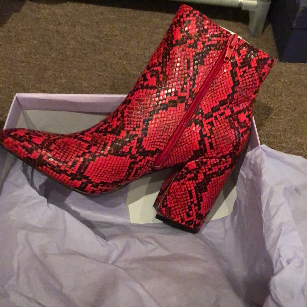 Red Python Booties With Block Heel